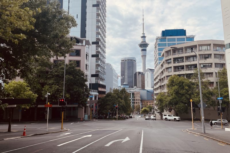 Street in Auckland with Sky Tower in the background