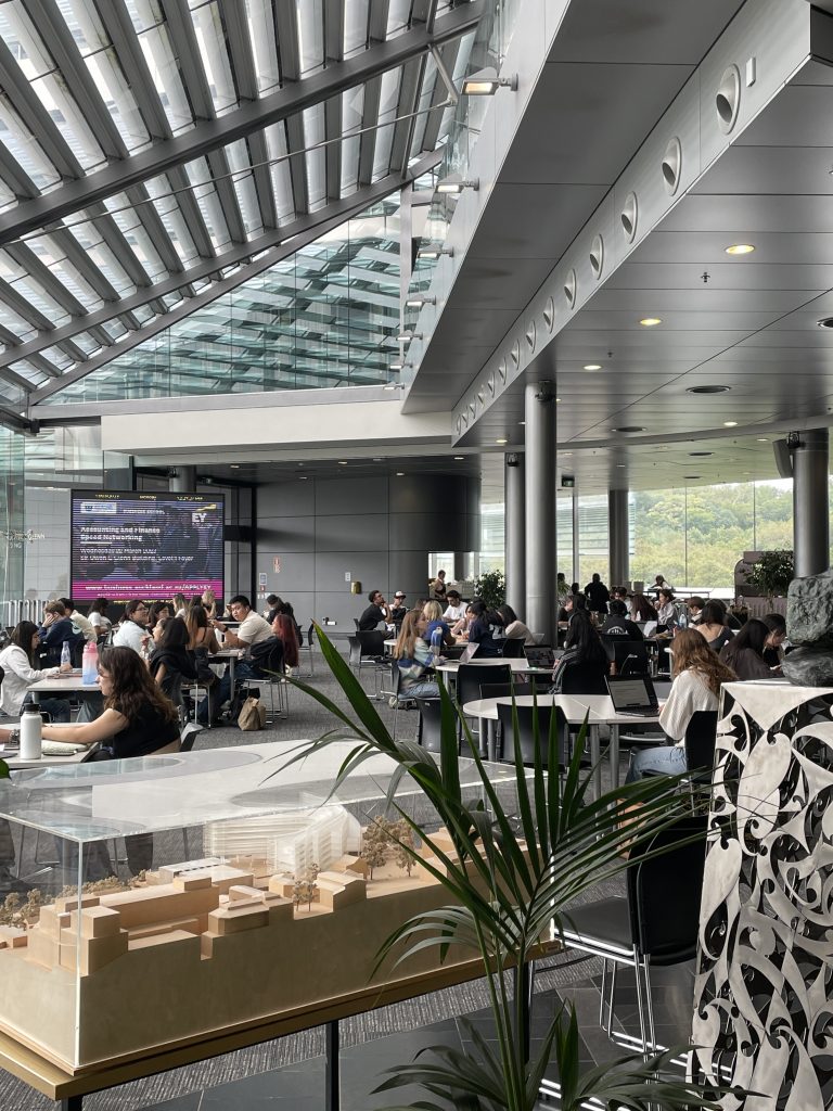 business school foyer with students studying