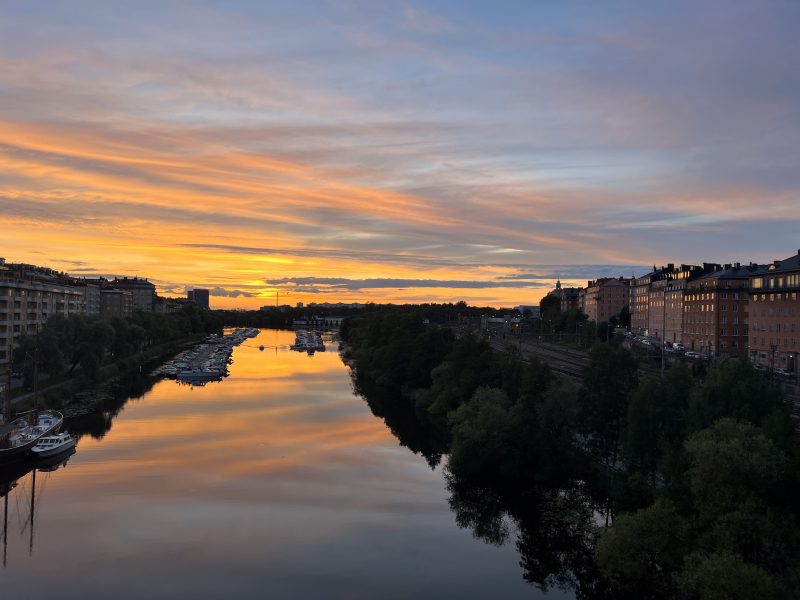 Sunset over Kungsholmen and Vasastan in Stockholm, separated by the channel, from the viewpoint of Sankt Eriksbron.
