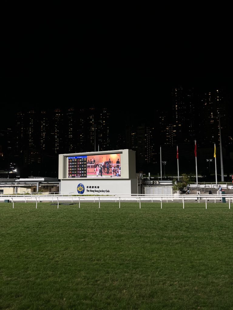 A horse race course at night