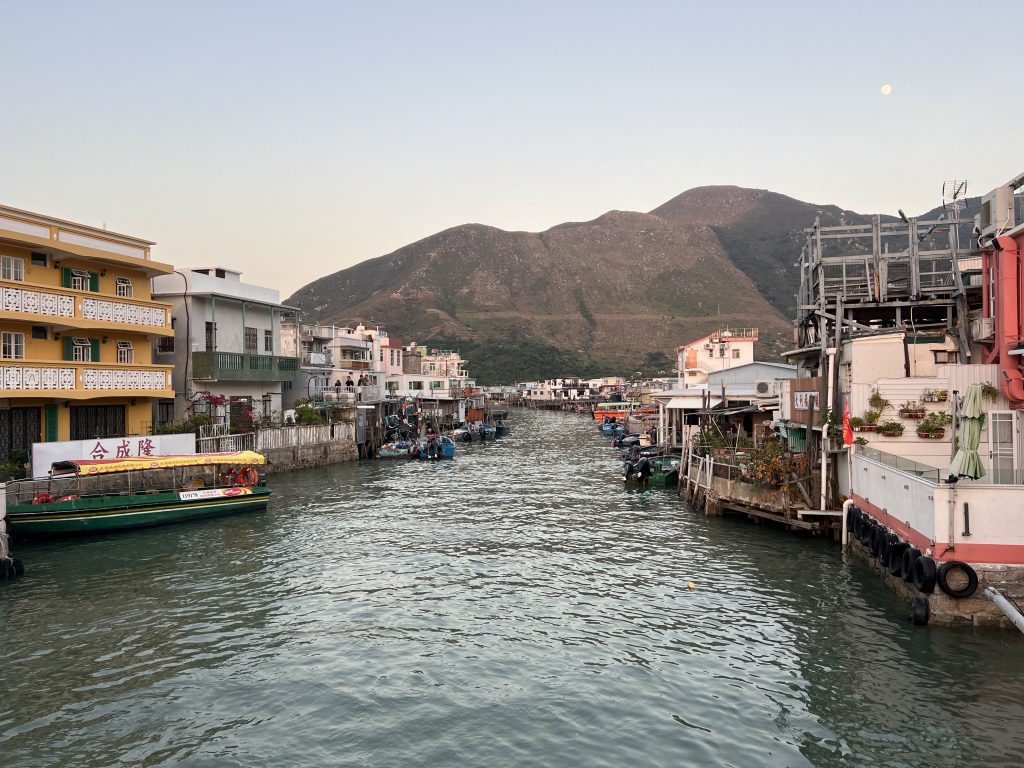 The water and houses on stilts in front of a mountain in Tai O