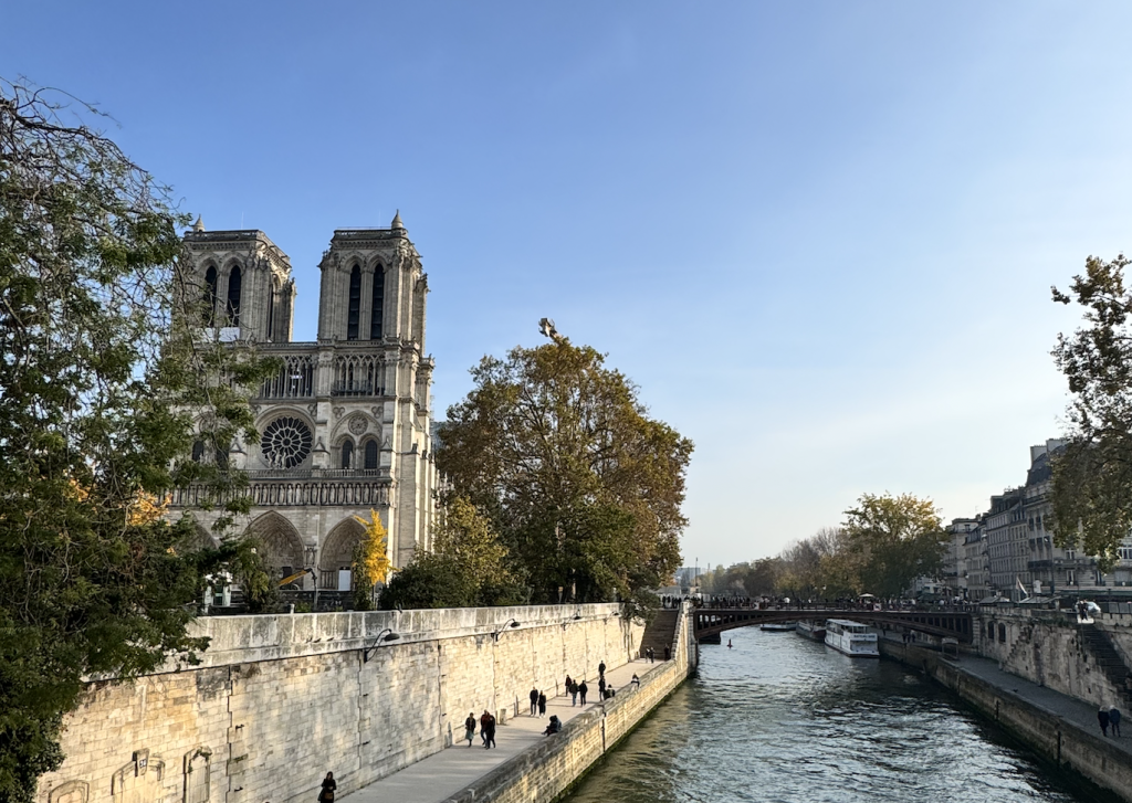 Notre Dame bredvid floden Seine med blå himmel i bakgrunden